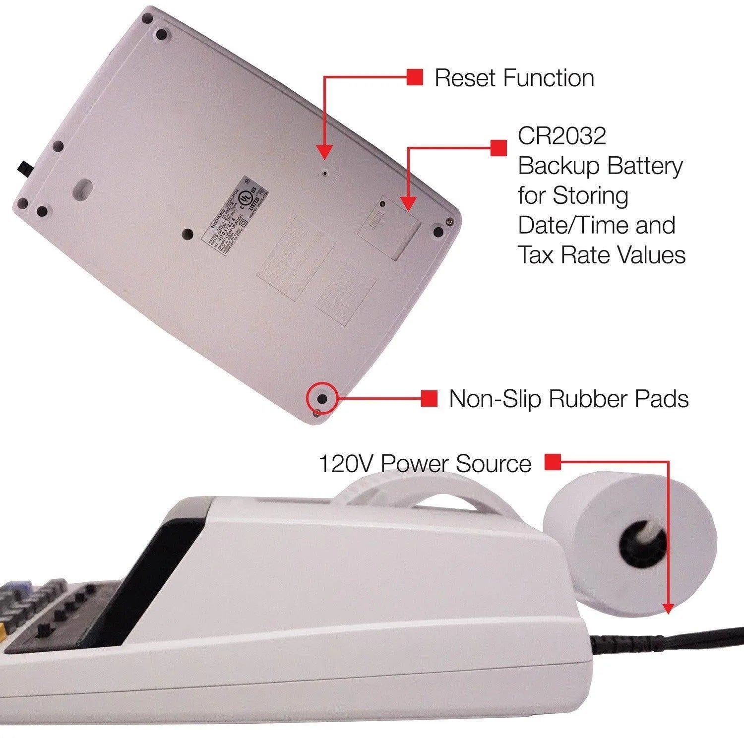 Sharp EL-2630PIII 12-digit commercial printing calculator with labeled reset, battery, rubber pads, and power source, from Underwood Distributing Co.