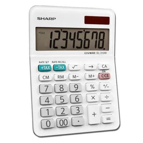Sharp EL-310WB 8-digit mini desktop calculator, white, on white background, sold by Underwood Distributing Co.