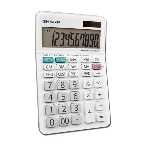 Sharp EL-330WB 10-digit desktop calculator, white, with large display and function buttons