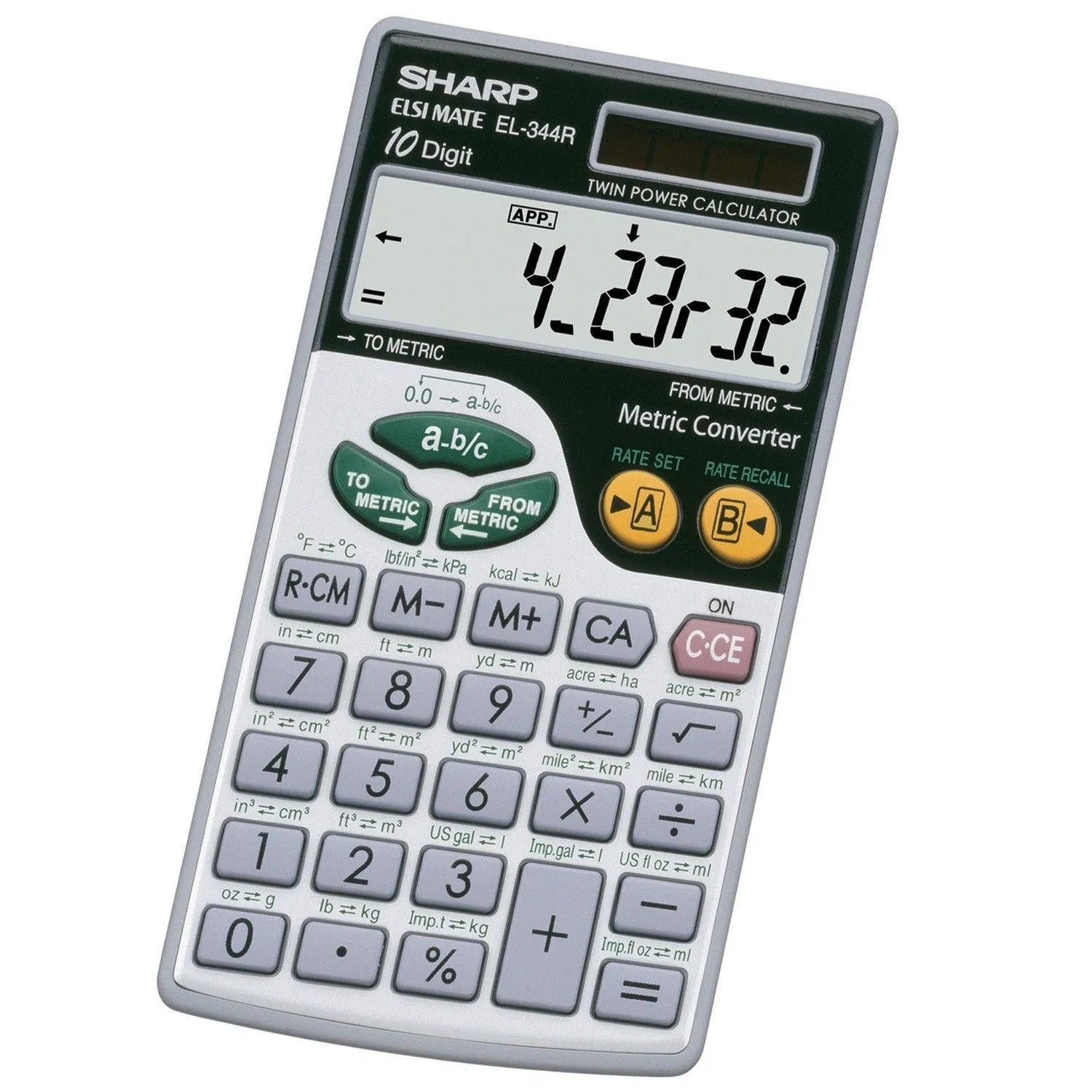 Sharp EL-344RB 10-digit handheld calculator with metric converter, offered by Underwood Distributing Co.