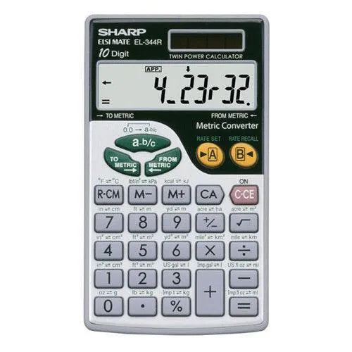 Sharp EL-344RB 10-digit handheld calculator with metric conversion, sold by Underwood Distributing Co.