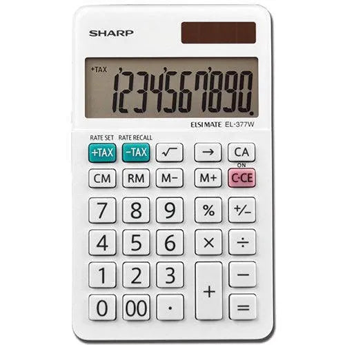 Sharp EL-377WB 10-digit handheld calculator with white buttons, displayed at Underwood Distributing Co.