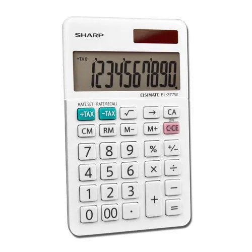 Sharp EL-377WB 10-digit handheld calculator with white buttons on plain background