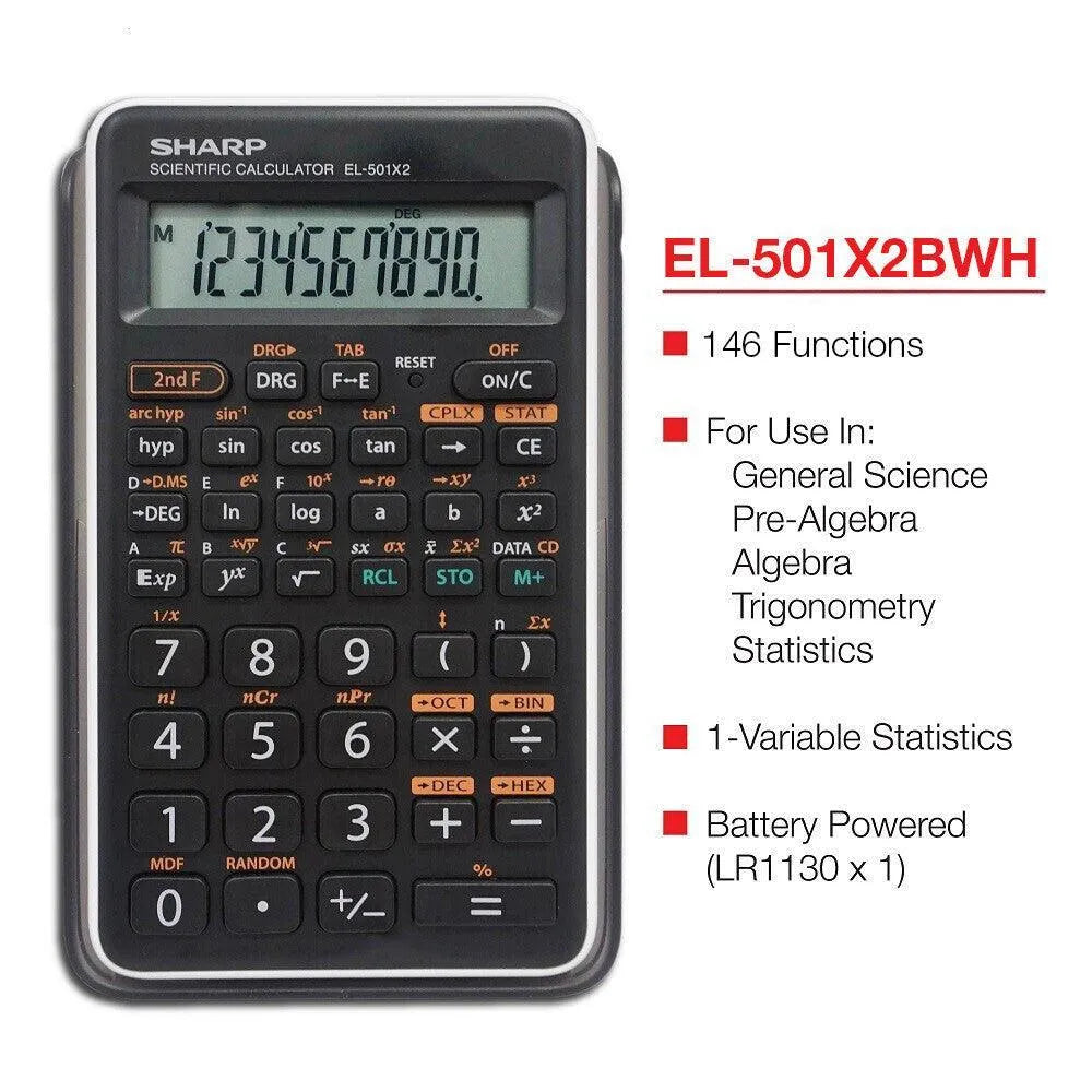 Sharp EL-501X2BWH scientific calculator with 146 functions, shown with product features text.