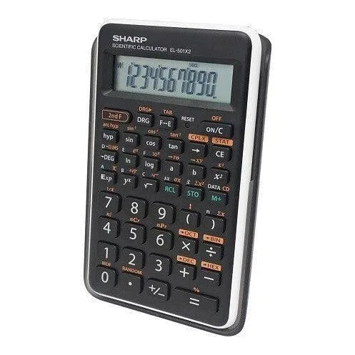 Sharp EL-501X2 scientific calculator with black body, white trim, and large LCD display.