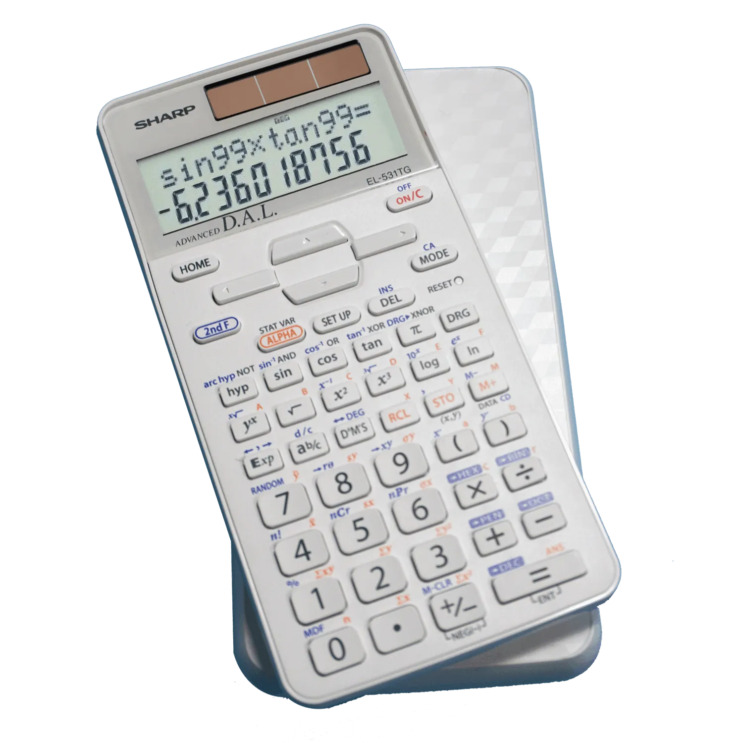 Sharp EL-531TGBDW white scientific calculator with 2-line display, solar panel, and cover