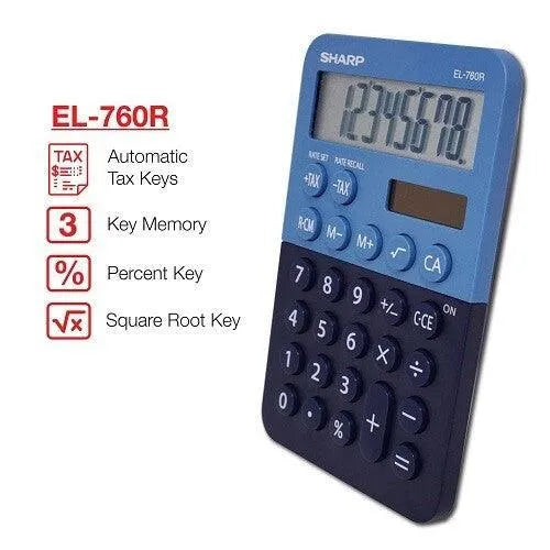 Sharp EL-760R 8-digit desktop calculator in blue with tax, percent, memory, and square root keys, featured by Underwood Distributing Co.