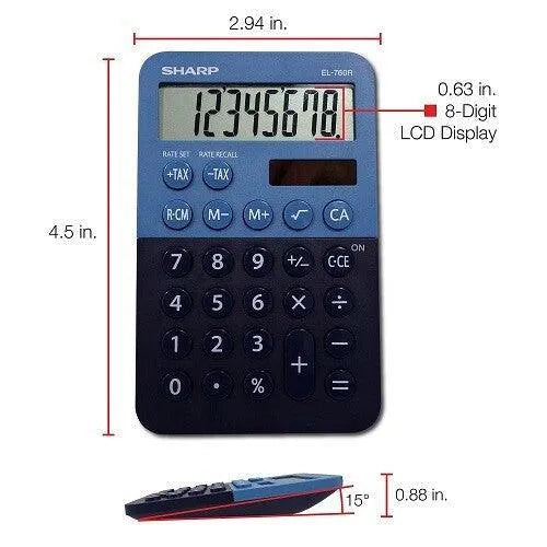 Sharp EL-760RBBL 8-digit blue desktop calculator with LCD display, shown with dimensions, available at Underwood Distributing Co.