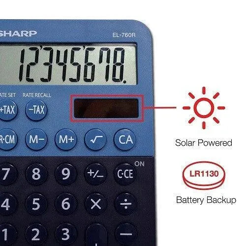 Sharp EL-760R 8-digit blue desktop calculator with solar power and LR1130 battery backup, sold by Underwood Distributing Co.