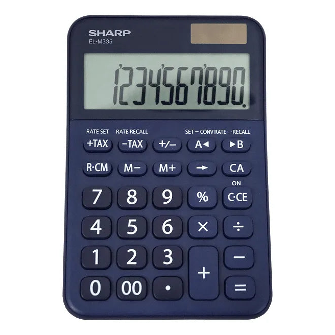 Sharp EL-M335 10-digit blue desktop calculator, large display, Underwood Distributing Co.