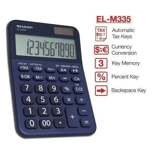 Sharp EL-M335 10-digit extra-large desktop calculator in blue with feature list displayed, sold by Underwood Distributing Co.