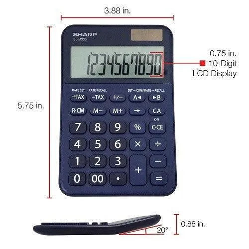 Sharp EL-M335BBL 10-digit desktop calculator, extra-large LCD display, blue, with measurements labeled
