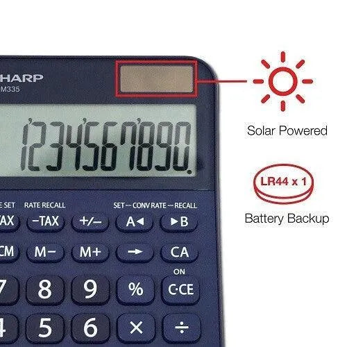 Sharp EL-M335BBL 10-digit extra large desktop calculator, blue, with solar power and battery backup