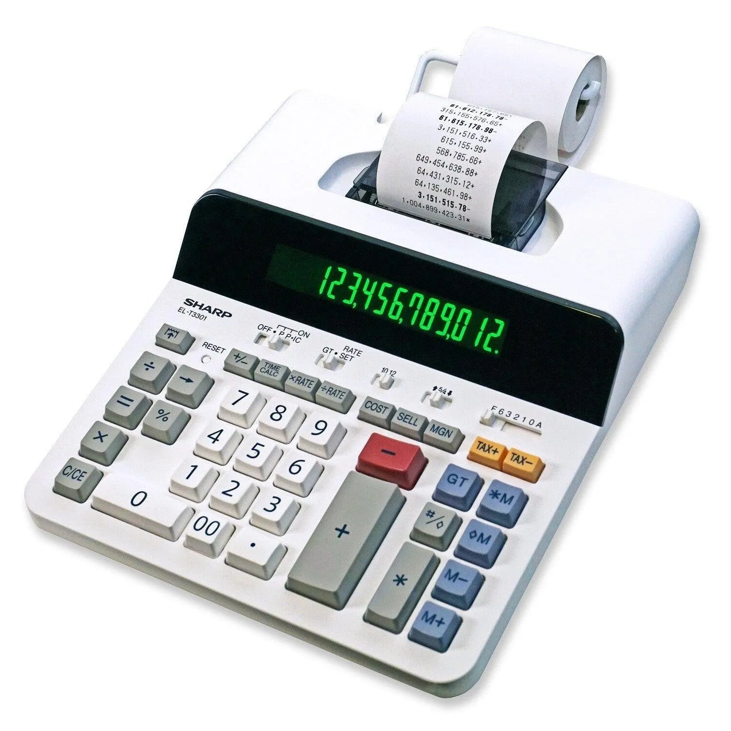 Sharp EL-T3301 12-digit thermal printing calculator with green display and paper roll