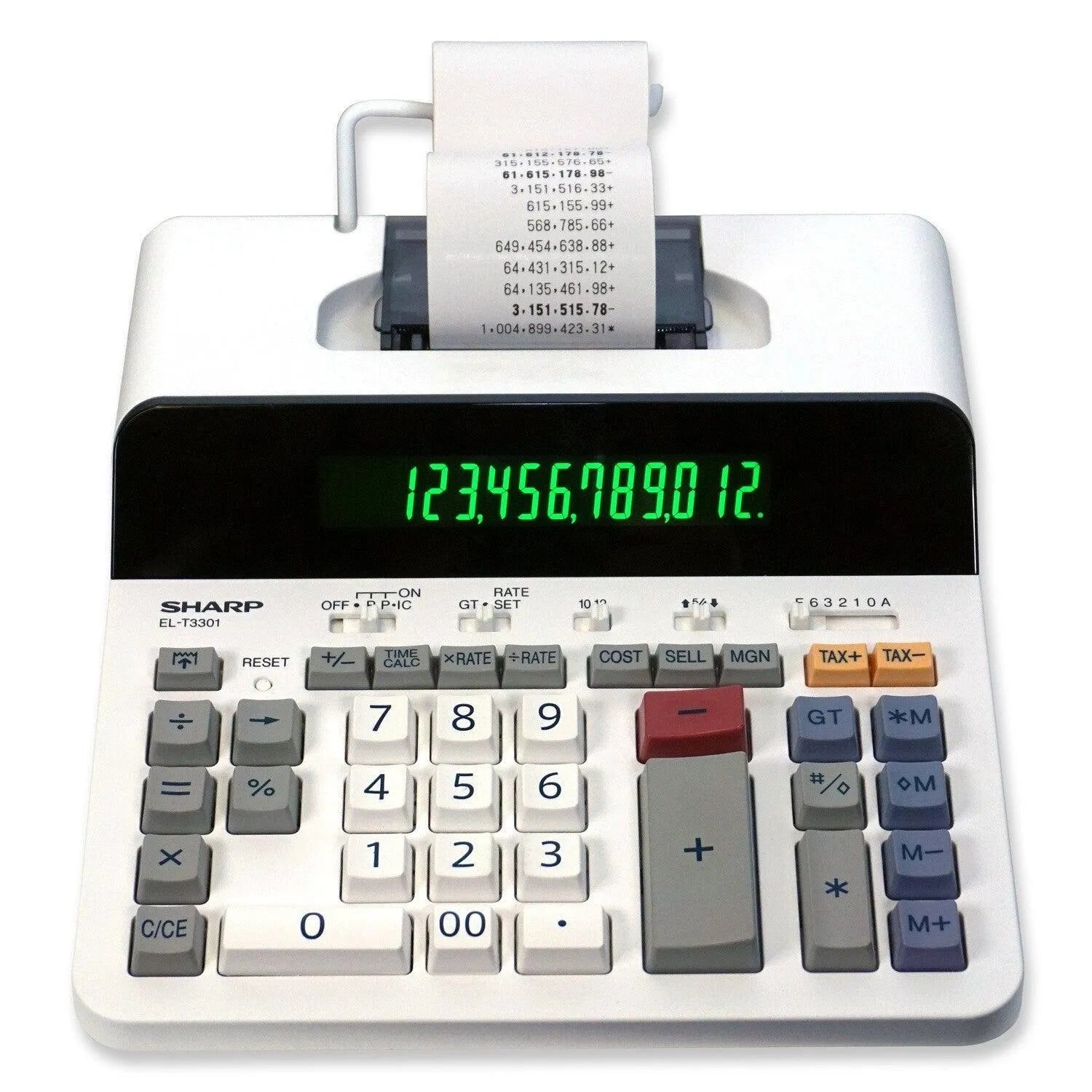 Sharp EL-T3301 12-digit thermal printing calculator on white, available at Underwood Distributing Co.