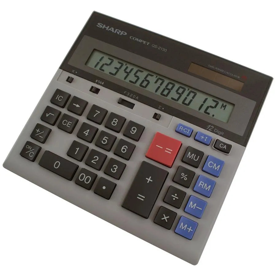 Sharp QS-2130 commercial 12-digit desktop calculator with large display and kickstand, Underwood Distributing Co.