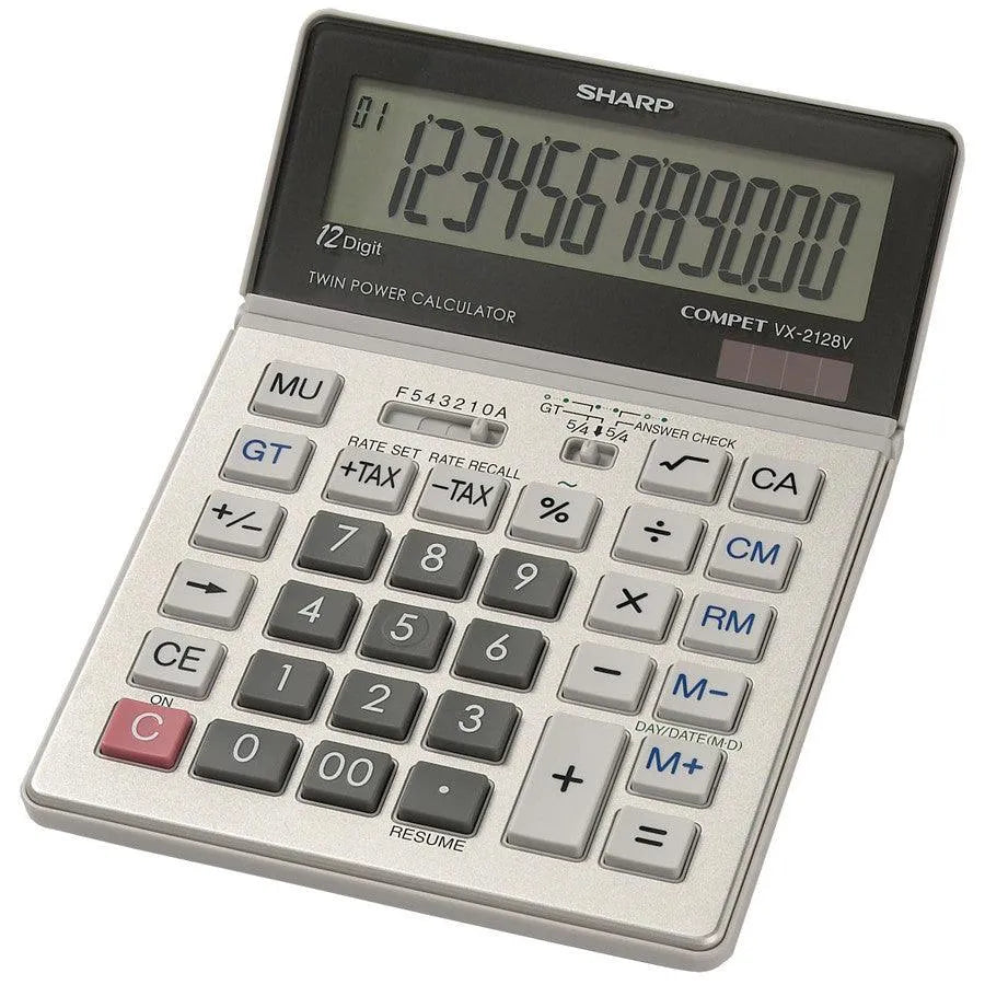 Sharp VX-2128V 12-digit commercial desktop calculator with large display, offered by Underwood Distributing Co.