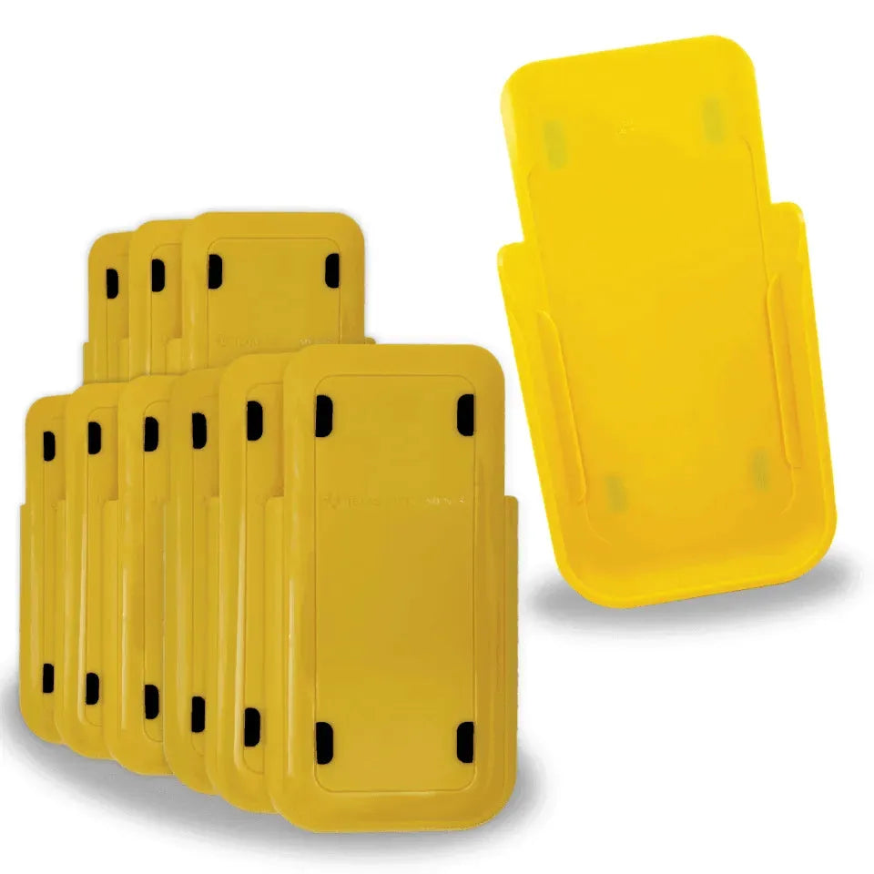 Yellow TI-34 MultiView calculator slide covers by Underwood Distributing Co, stacked display.