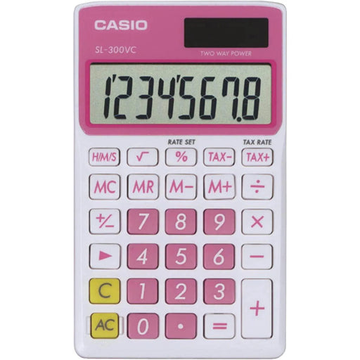 Pink Casio SL-300VC calculator with solar panel and large display, sold by Underwood Distributing Co.