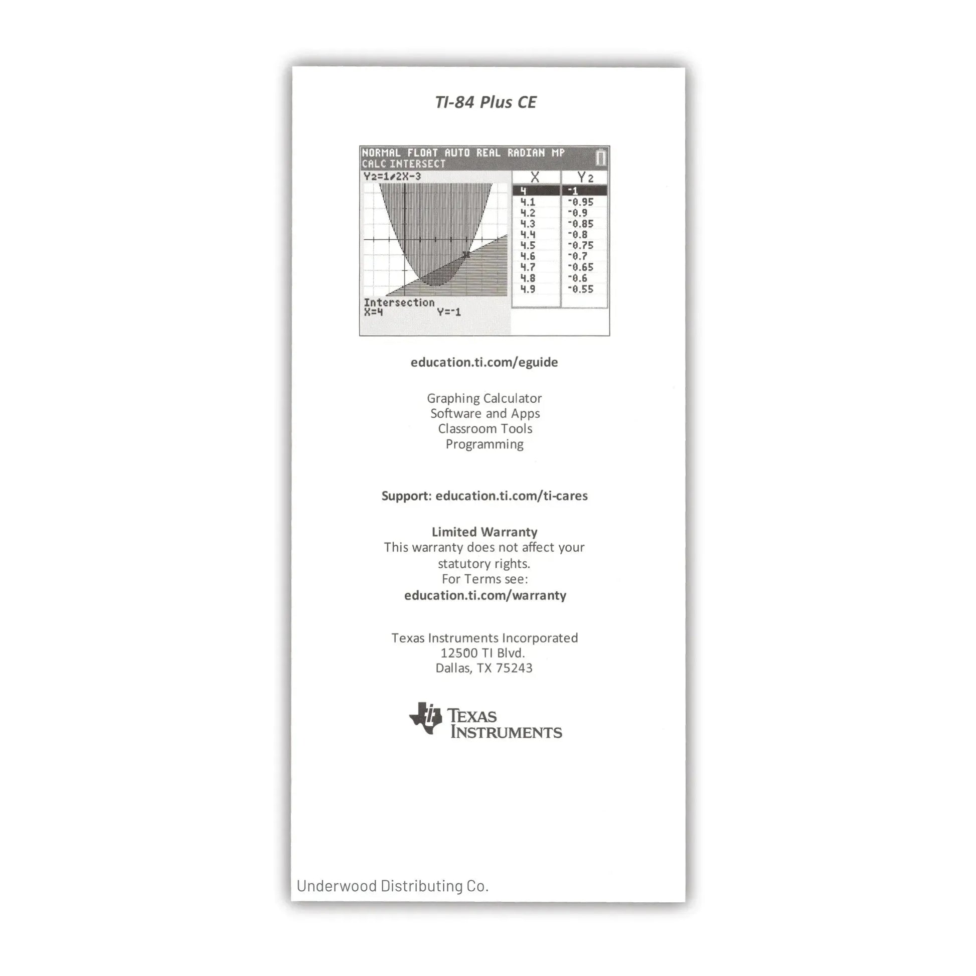 Texas Instruments Graphing Calculator Replacement Quick Reference Guide - Underwood Distributing Co.