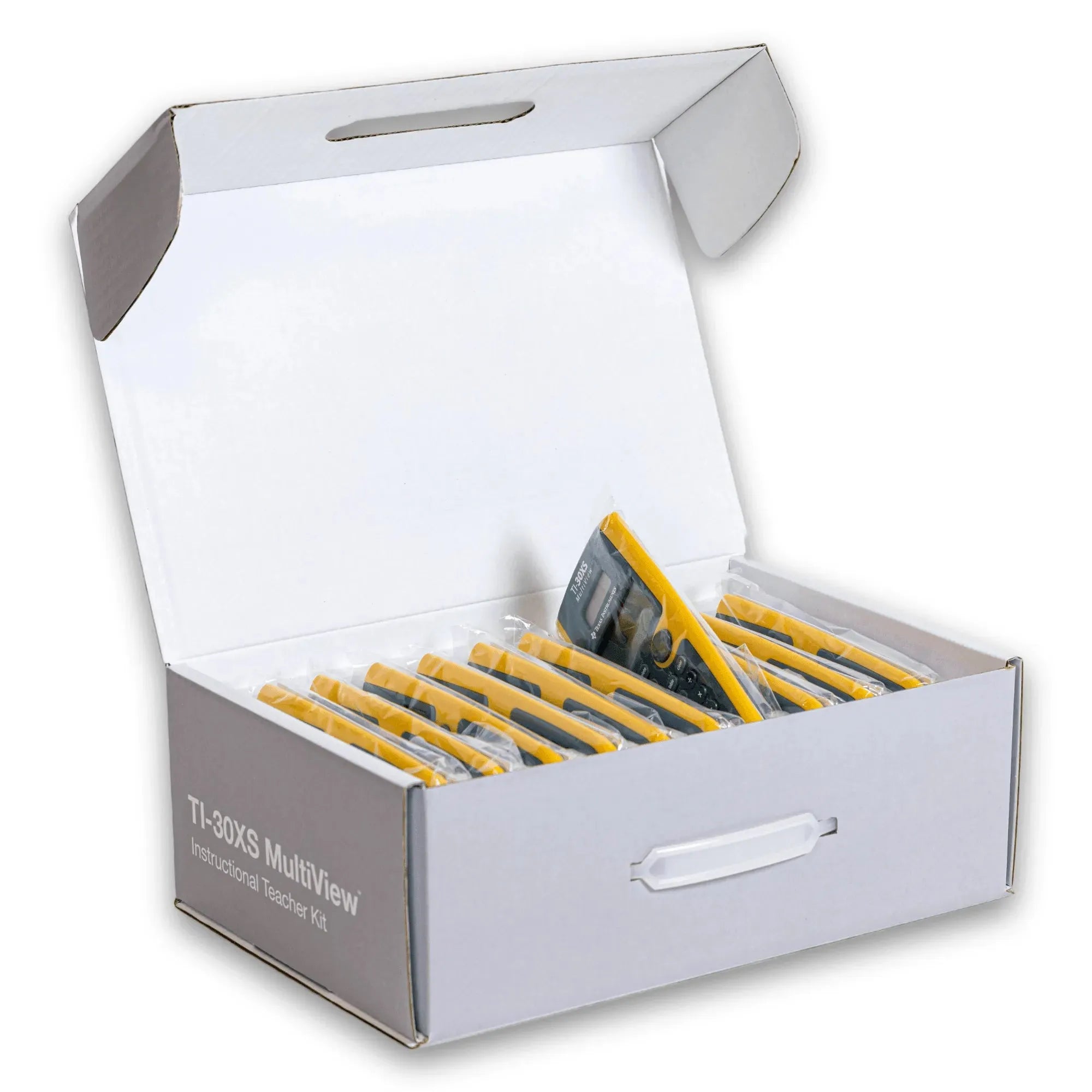 Texas Instruments TI-30XS MultiView classroom pack of yellow calculators in a white box