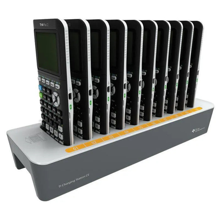 TI-84 Plus CE calculators in Texas Instruments charging station, sold by Underwood Distributing