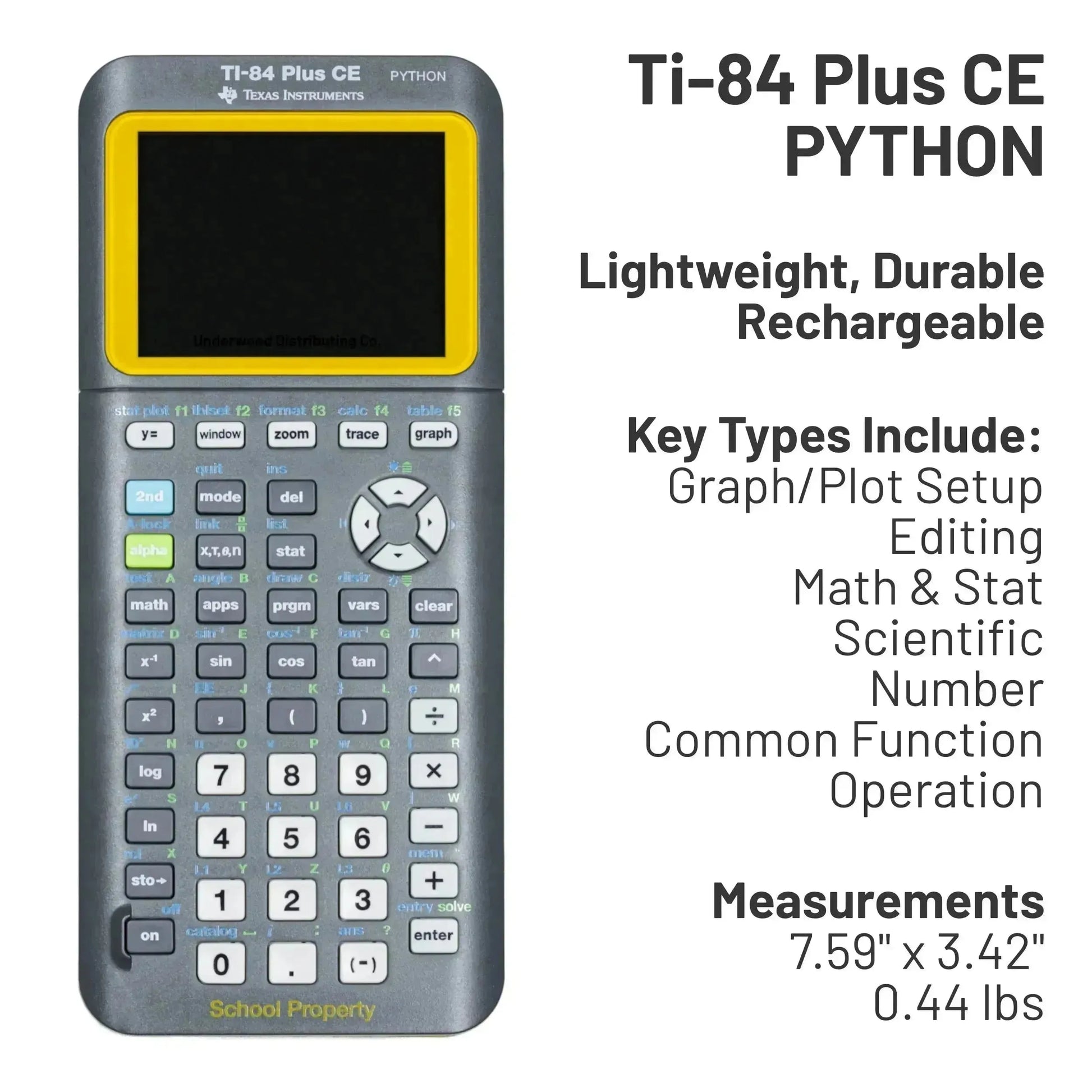 Texas Instruments TI-84 Plus CE Python graphing calculator with yellow trim, sold by Underwood Distributing Co.