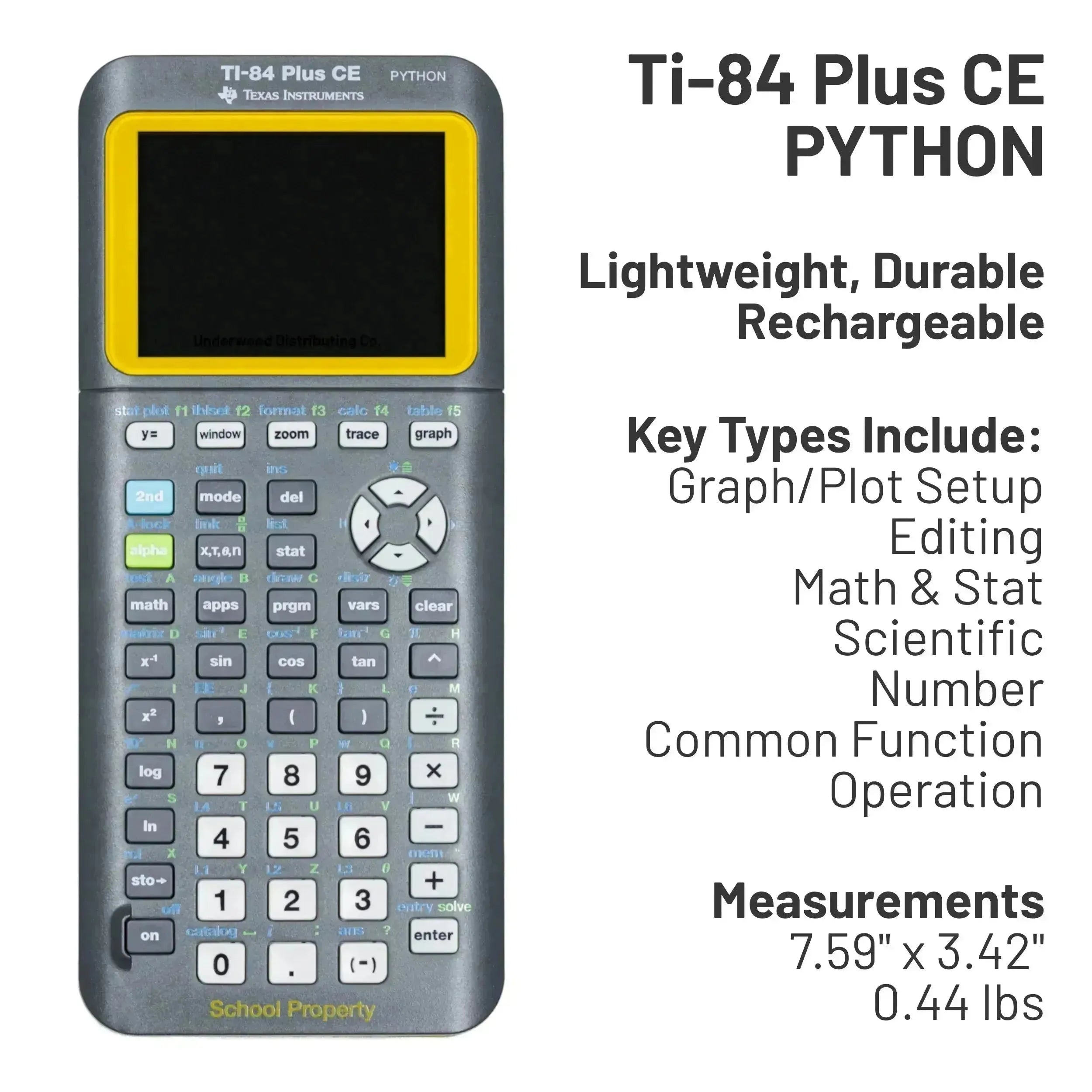 Texas Instruments TI-84 Plus CE Python graphing calculator with yellow trim, sold by Underwood Distributing Co.