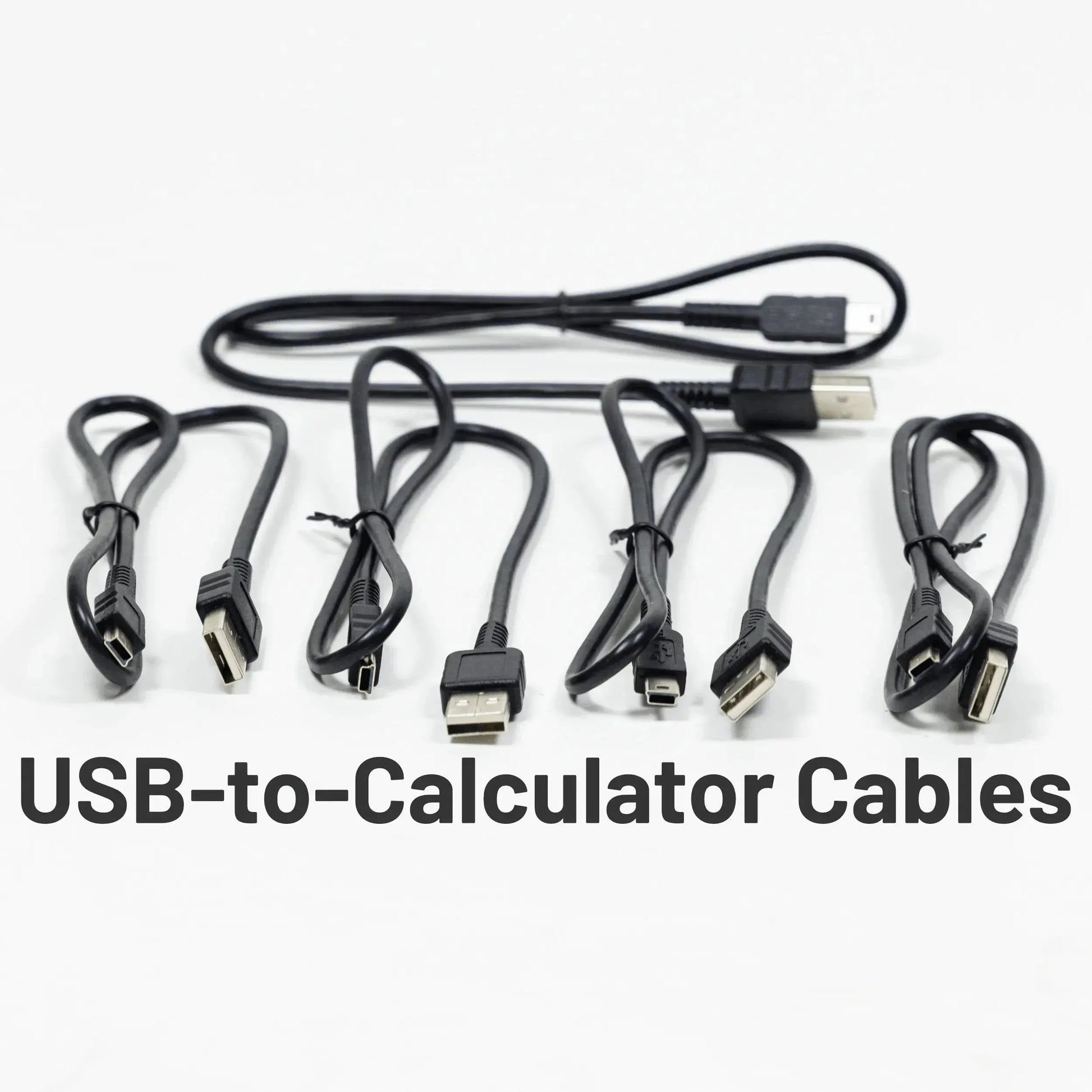 Assorted USB-to-calculator cables set on white background for Texas Instruments calculators