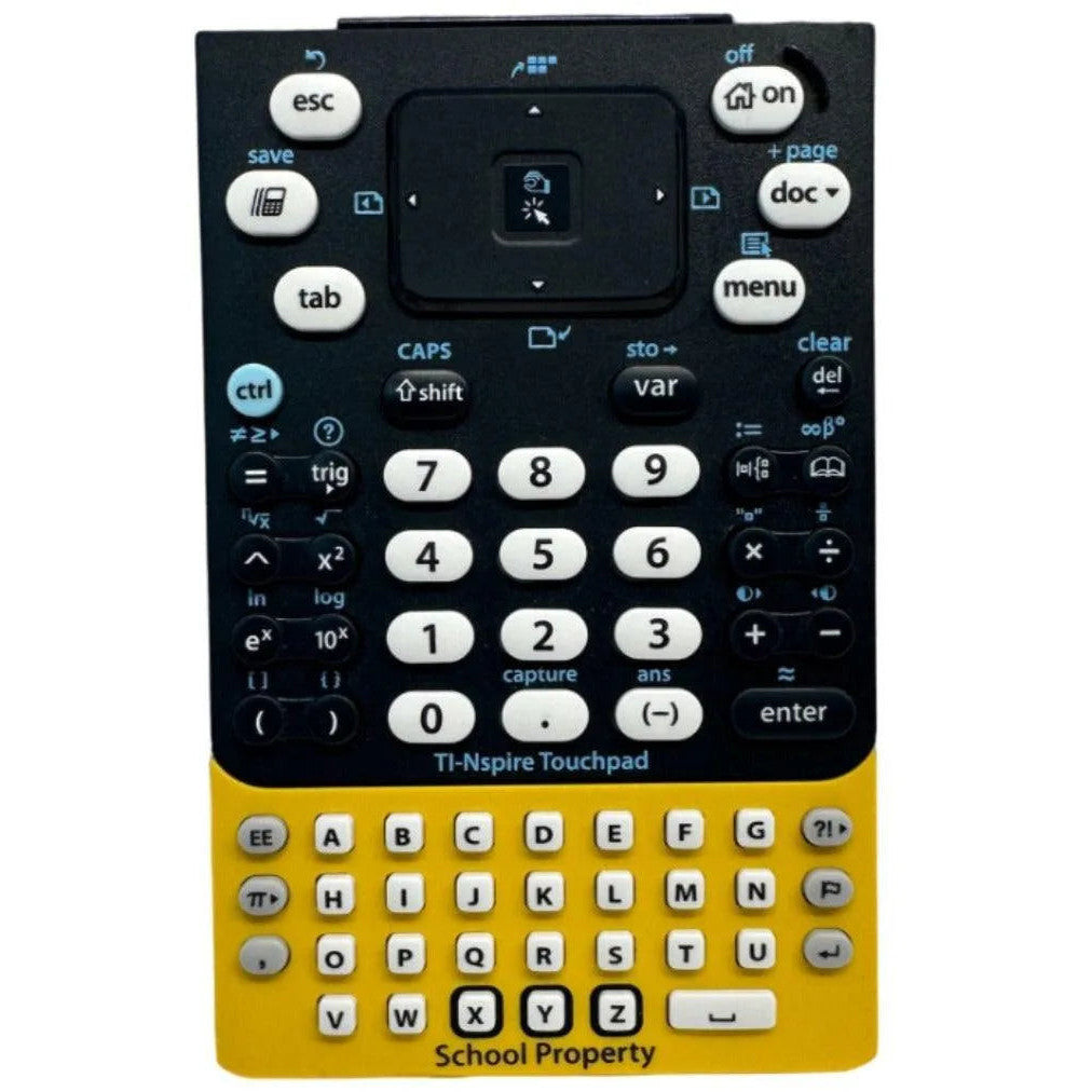 TI-Nspire Touchpad calculator keypad with yellow school property label, numeric and letter keys