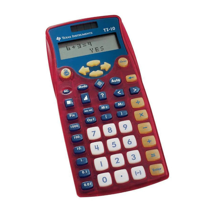 Texas Instruments TI-10 elementary calculator with red casing, sold by Underwood Distributing Co.