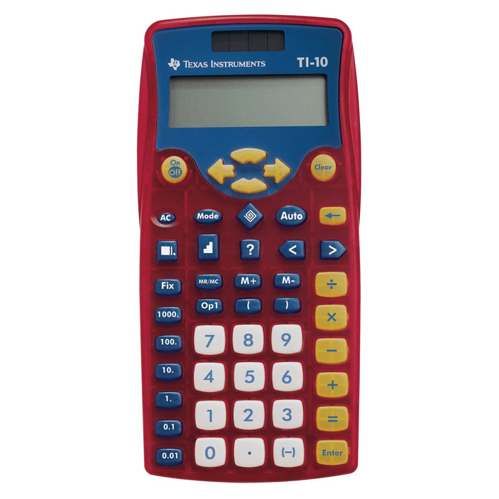 Texas Instruments TI-10 elementary calculator, red and blue, from Underwood Distributing Co.