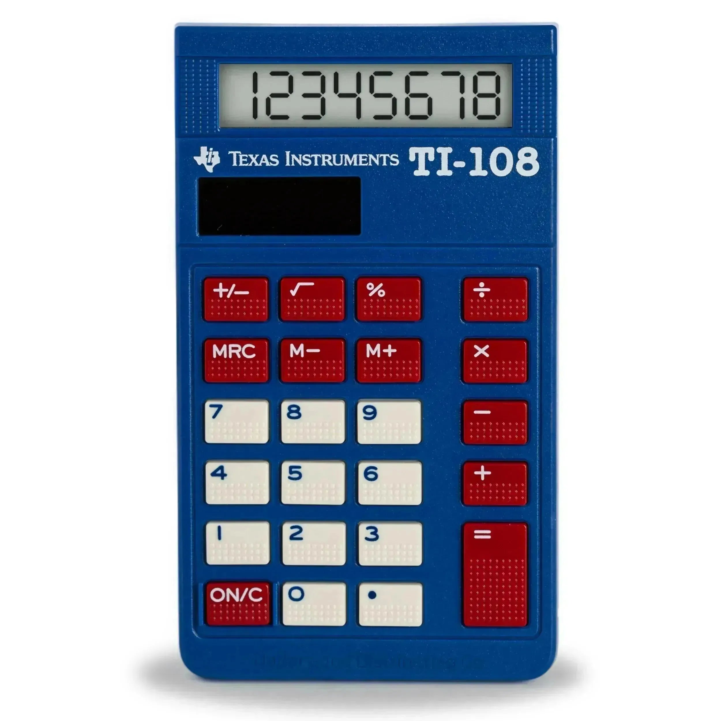 Texas Instruments TI-108 blue elementary calculator with red and white keys, sold by Underwood Distributing Co.