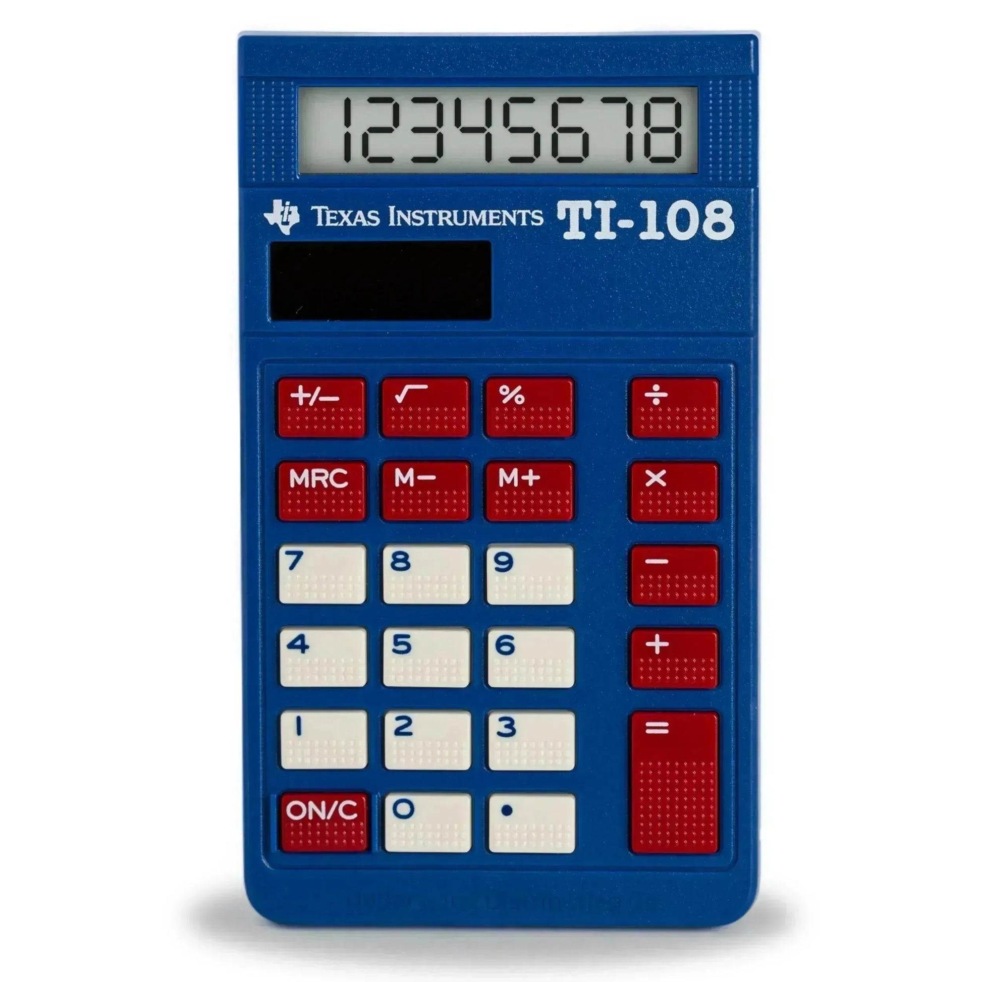 Texas Instruments TI-108 blue elementary calculator with red and white keys, sold by Underwood Distributing Co.