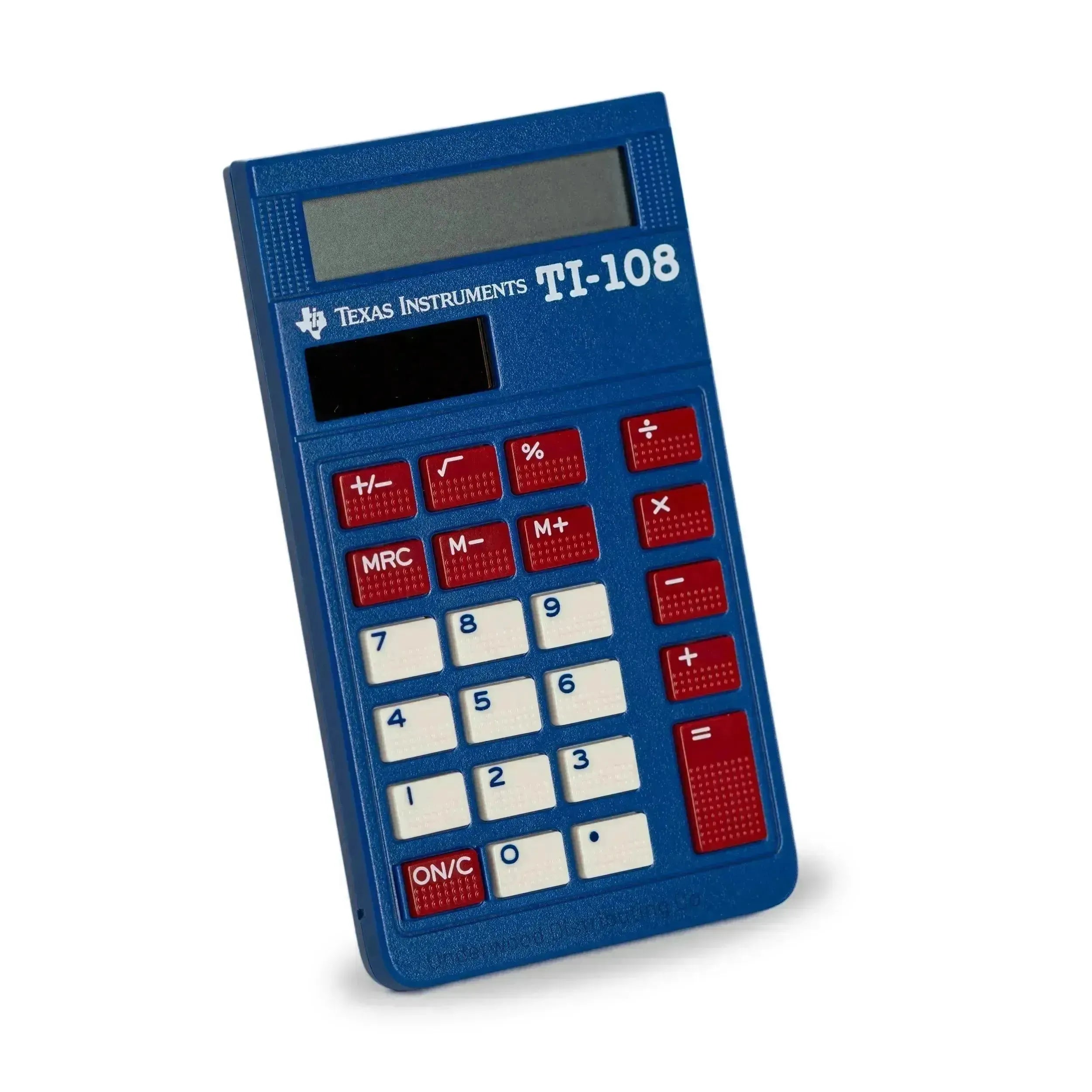 Texas Instruments TI-108 blue elementary calculator with red and white keys, sold by Underwood Distributing Co.