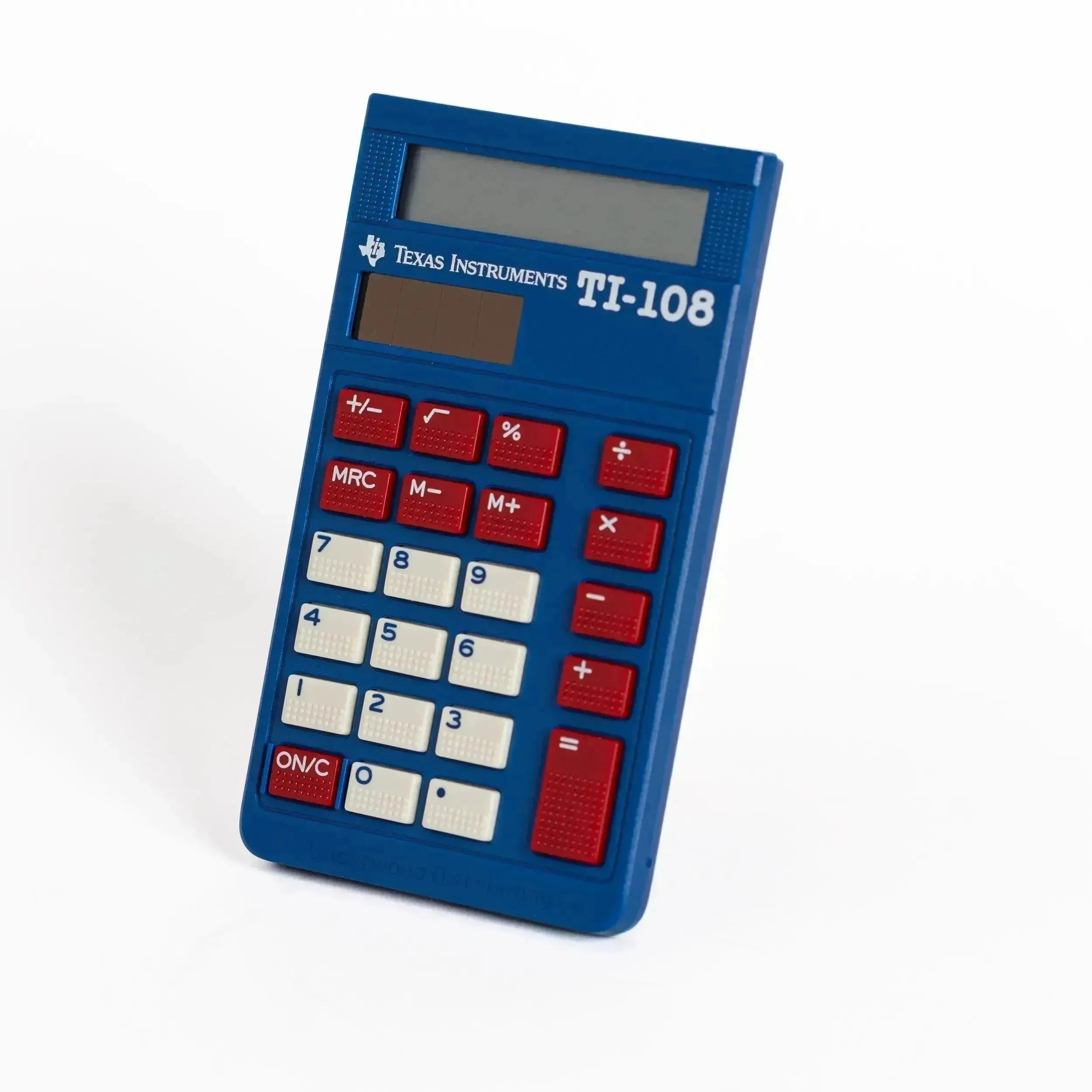 Texas Instruments TI-108 blue calculator with red and white buttons on white background