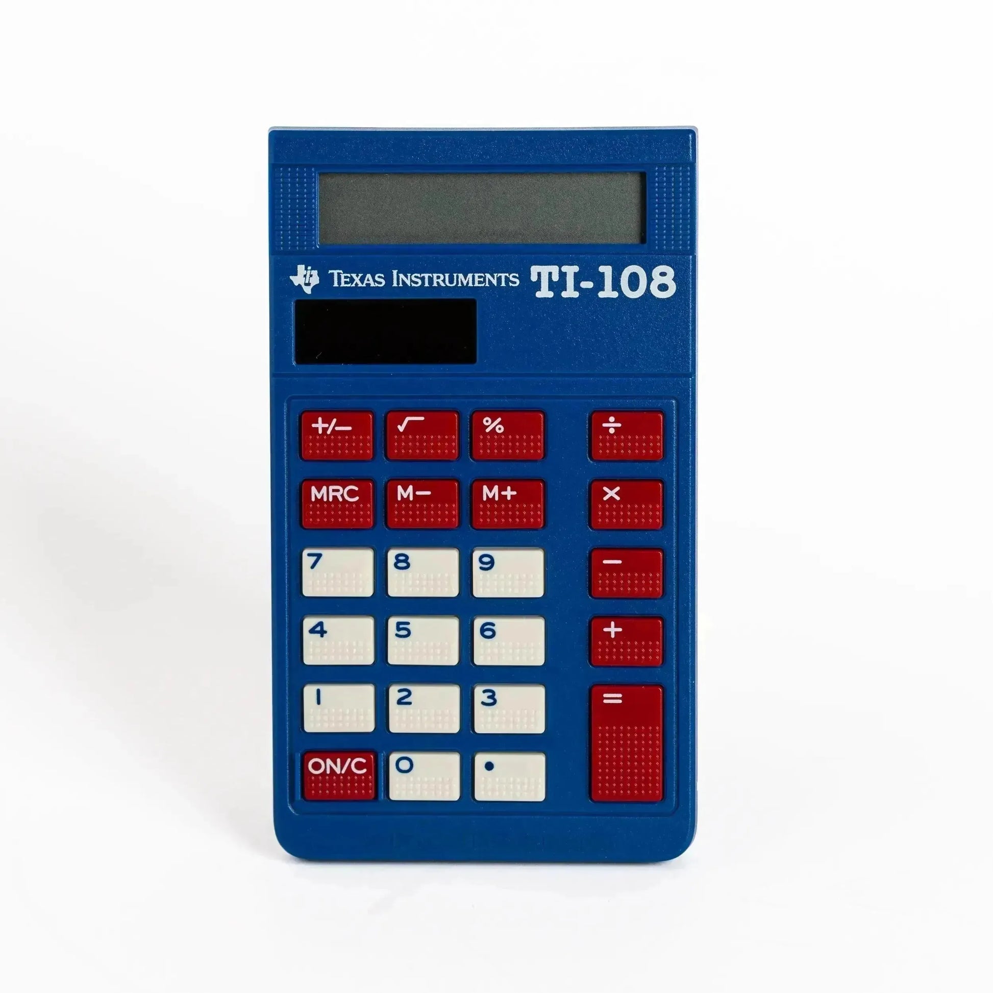 Texas Instruments TI-108 blue elementary calculator on white background, Underwood Distributing