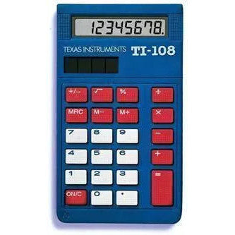 Texas Instruments TI-108 blue elementary calculator with red and white buttons, Underwood Distributing Co.