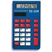 Texas Instruments TI-108 blue elementary calculator with red and white buttons, Underwood Distributing Co.