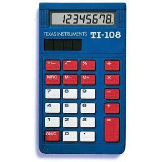 Texas Instruments TI-108 blue elementary calculator with numeric display, sold by Underwood Distributing Co.