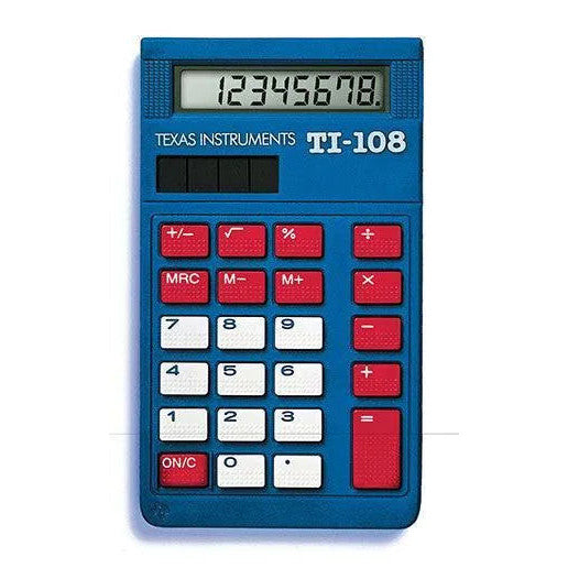 Texas Instruments TI-108 blue calculator with red and white buttons, display shows 12345678