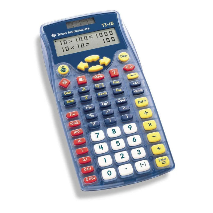 Texas Instruments TI-15 Explorer blue elementary calculator with colorful buttons, sold by Underwood Distributing Co.
