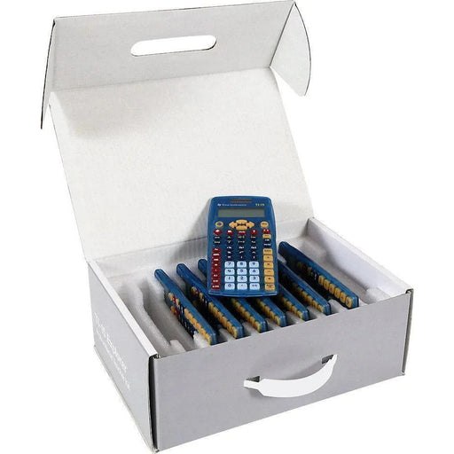 Class pack of 30 blue TI-15 Explorer elementary calculators in a white storage box
