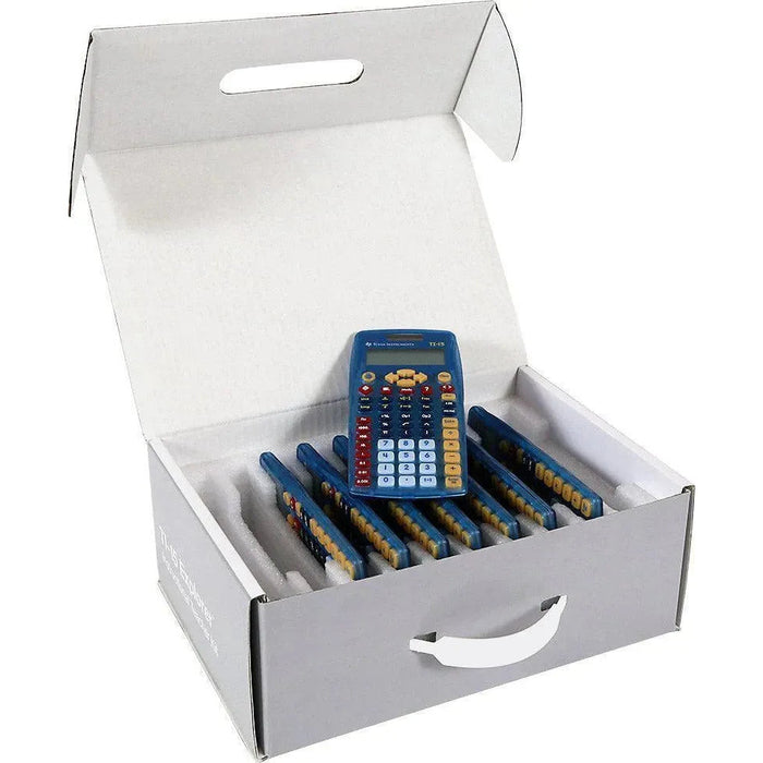 Class pack of 30 blue TI-15 Explorer elementary calculators in a white storage box