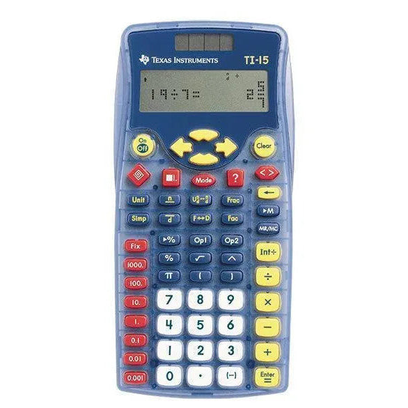 Texas Instruments TI-15 Explorer elementary calculator in blue with colorful keys, Underwood Distributing Co.