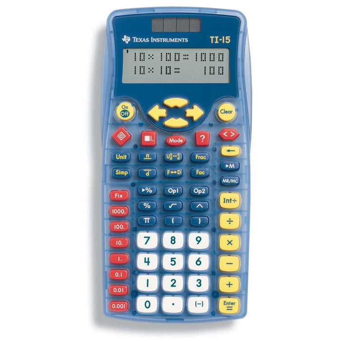 Texas Instruments TI-15 Explorer Elementary Calculator with blue and yellow buttons, available at Underwood Distributing Co.