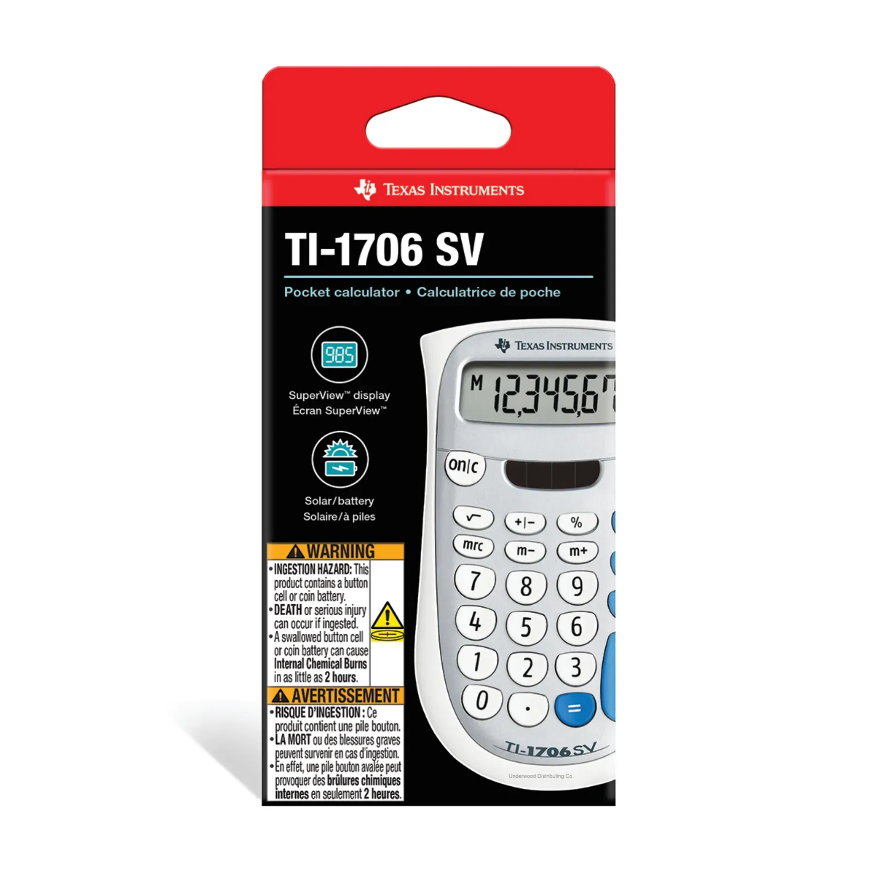 Texas Instruments TI-1706 SV basic calculator in retail package, Underwood Distributing Co.