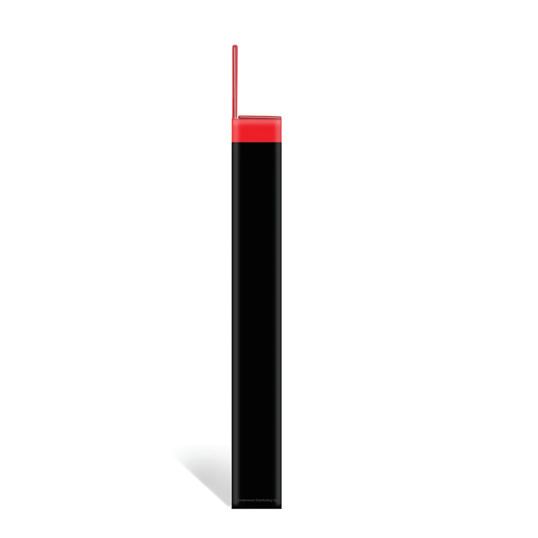 Side view of a black and red Texas Instruments calculator, Underwood Distributing Co.