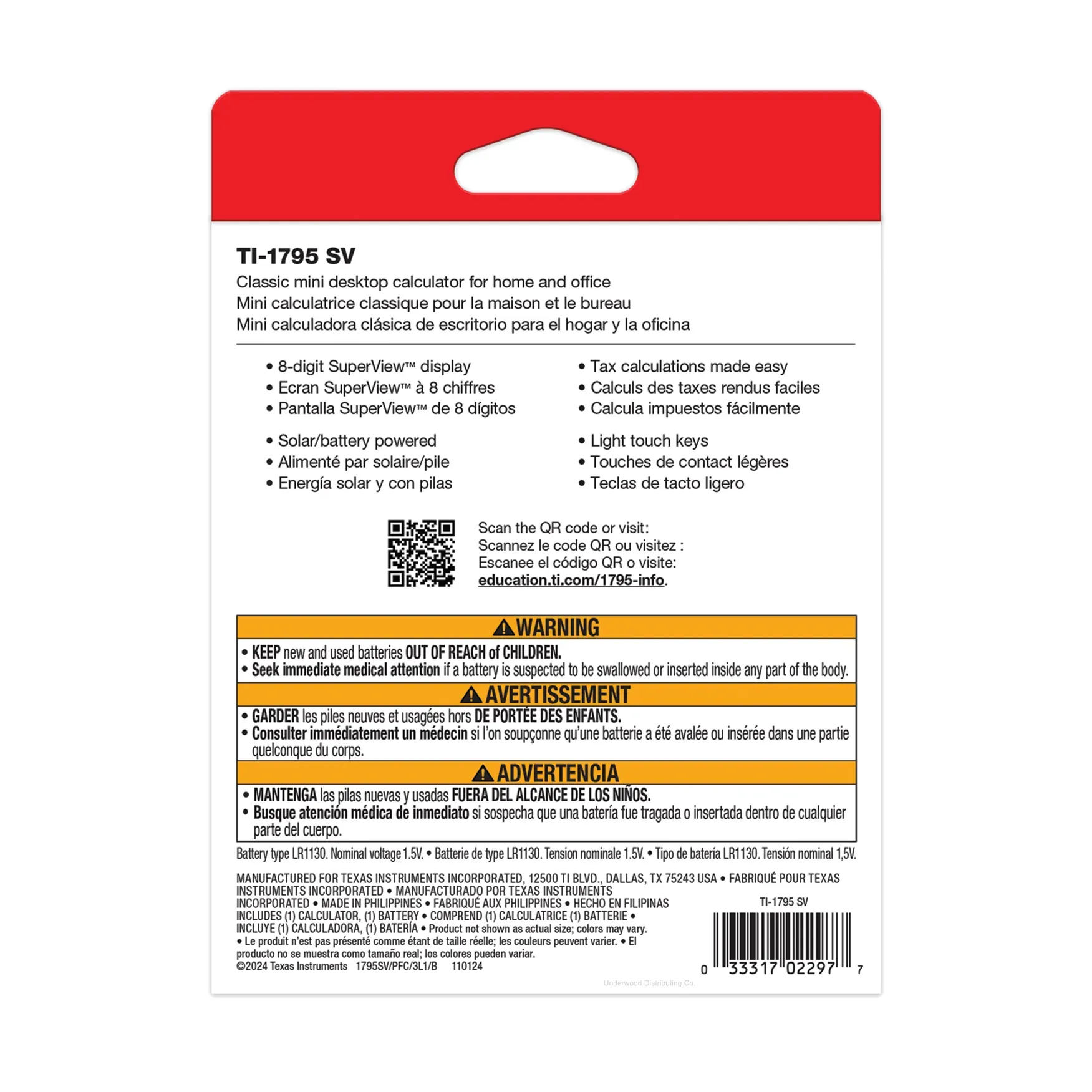 Back packaging of Texas Instruments TI-1795 SV calculator, Underwood Distributing Co, features, warnings in English, French, and Spanish.