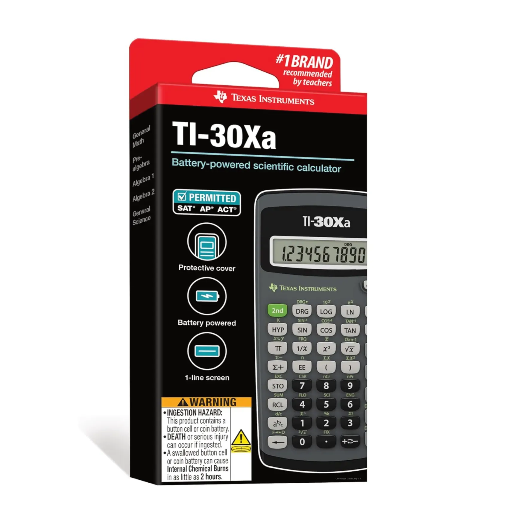Texas Instruments TI-30Xa scientific calculator in retail packaging from Underwood Distributing Co.